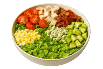 Crisp cobb salad featuring grilled chicken, crumbled bacon, sliced avocado, diced tomatoes, halved boiled egg, blue cheese crumbles, and mixed greens on white ceramic plate