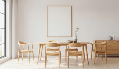 Bright minimalist dining room interior with wooden furniture and large blank poster frame on white wall for artwork or product presentation mockup. 3D Rendering 