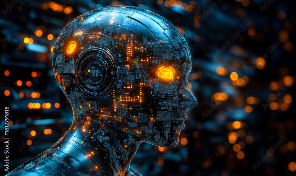 Poster futuristic metallic robot head with glowing orange lights and cybernetic circuits in dark blue digit