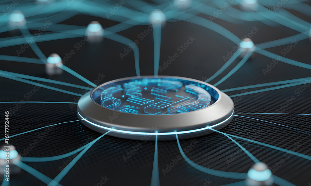 Poster futuristic central processing unit: digital network connectivity & data flow