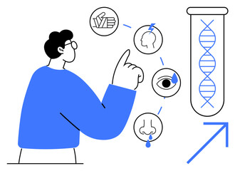 Person pointing to interconnected icons of health aspects, including brain, eye, nose, DNA strand, and growth arrow. Ideal for health, research, genetics diagnostics biology analysis education