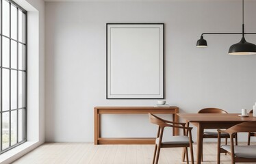 Fototapeta premium Bright minimalist dining room interior with wooden furniture and large blank poster frame on white wall for artwork or product presentation mockup. 3D Rendering 