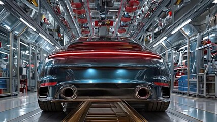 Rear view of luxury car assembly in a modern factory. Car undergoes brake light and exhaust testing, showcasing advanced automotive technology