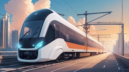 A modern electric train on tracks with city skyline and overhead power lines against a blue sky backdrop