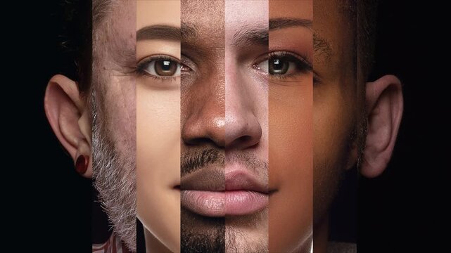 Animated ad. Human face made from different portrait of men and women of diverse age and race. Concept of social equality, human rights, freedom, diversity, acceptance, standards