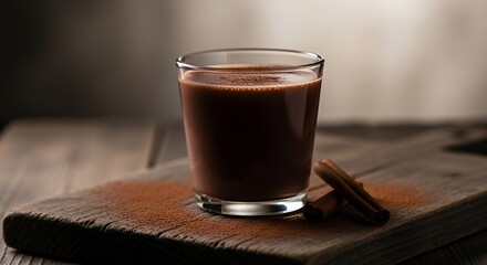 Fototapeta premium Rich Brown Chocolate Drink with Cinnamon Sticks on Rustic Wood Board