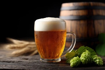A full beer mug sits on a wood surface beside hops and wheat a barrel is in the background