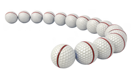 A curved row of white golf balls with red stripes isolated on transparent background