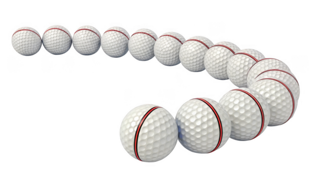 A curved row of white golf balls with red stripes isolated on transparent background - Powered by Adobe
