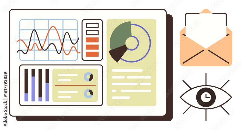 Poster dashboard with graphs, pie chart, and analytics, plus an envelope for email alerts and an eye repres