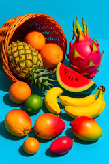 Assorted tropical fruits including bananas, mangoes, pineapple, dragon fruit, watermelon, oranges, and lime spilling from a wicker basket on a vibrant blue background.
