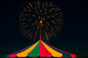 A vibrant burst of fireworks explodes in the night sky above a striped colorful tent, creating a festive and celebratory scene full of excitement and color.