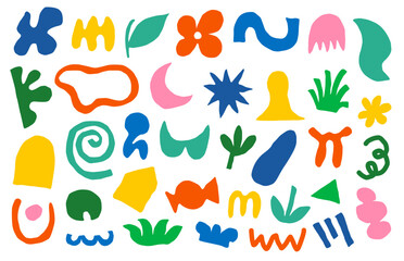 Set of modern colorful abstract organic shapes. Collection of modern hand-drawn botanical and geometric elements in a cut paper style