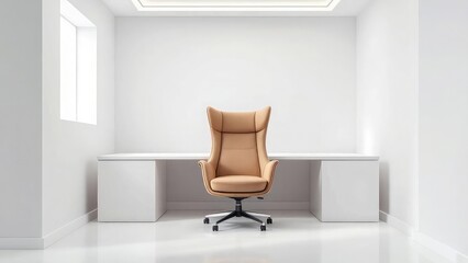 Tan executive chair in a bright white minimalist room with a desk and a window to the left side