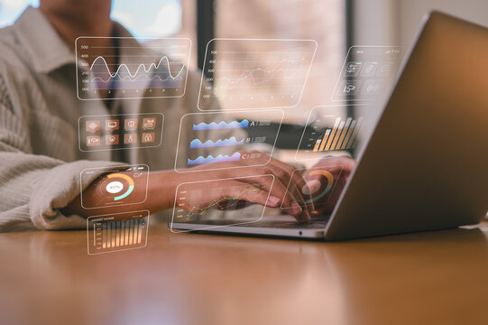investment financial concept Business finance data analytics graph.Financial management technology.Advisor using KPI Dashboard on virtual screen, man using computer laptop working with data charts