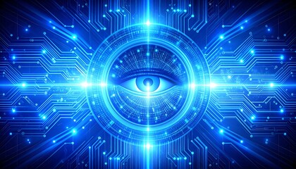 Glowing blue eye within circuit board, digital art