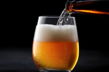 A glass being filled with beer from a bottle showing liquid foam and condensation set against a dark background