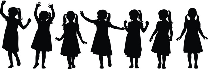Silhouettes of seven playful girls in various standing and dancing poses, isolated on white background, ideal for creative design projects