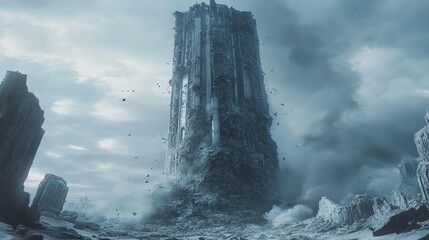 Crumbling Tower in Post-Apocalyptic Landscape