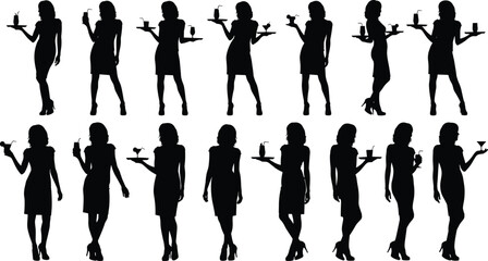 Silhouette waitress serving drinks, female hospitality staff, elegant women holding beverages, black and white illustration, restaurant service concept