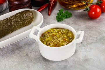 Souce gherkin relish with marinated cucumbers