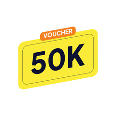 A yellow rectangular voucher with rounded corners displays "50K" in bold navy, topped by an orange "VOUCHER" label, against a clean white background.
