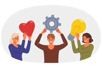 Team of people brainstorming together in search of idea, holding icons with light bulb and gear or heart. Happy team discussing marketing plan and smm strategy for promotion on social networks