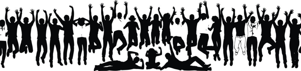 Silhouette of joyful people jumping outdoors, celebrating friendship, unity, freedom, happiness, teamwork, excitement, motion, human energy, sky background