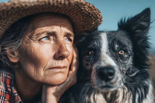 Thoughtful senior woman shepherd with her border collie dog on a sunny farm