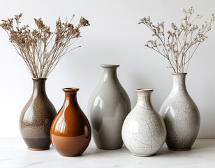 vases with dried flowers on a white wall background.