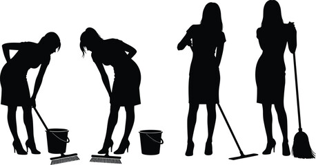 Obraz premium Silhouettes of stylish women cleaning with mops and buckets, elegant attire, domestic chores, housekeeping service, high heels, broom action