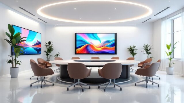 A modern conference room with round table, brown chairs, and large screens on the white walls