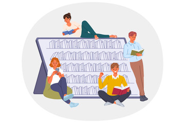 Students visiting electronic library read books using mobile gadgets and apps with digital literature. Guys and girls with books gain knowledge or prepare for exam using textbooks or encyclopedias