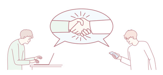 This illustration depicts two individuals engaging in a digital handshake, symbolizing their online collaboration