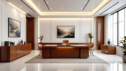 A spacious office with a large wooden desk, artwork, and natural light from a large window space
