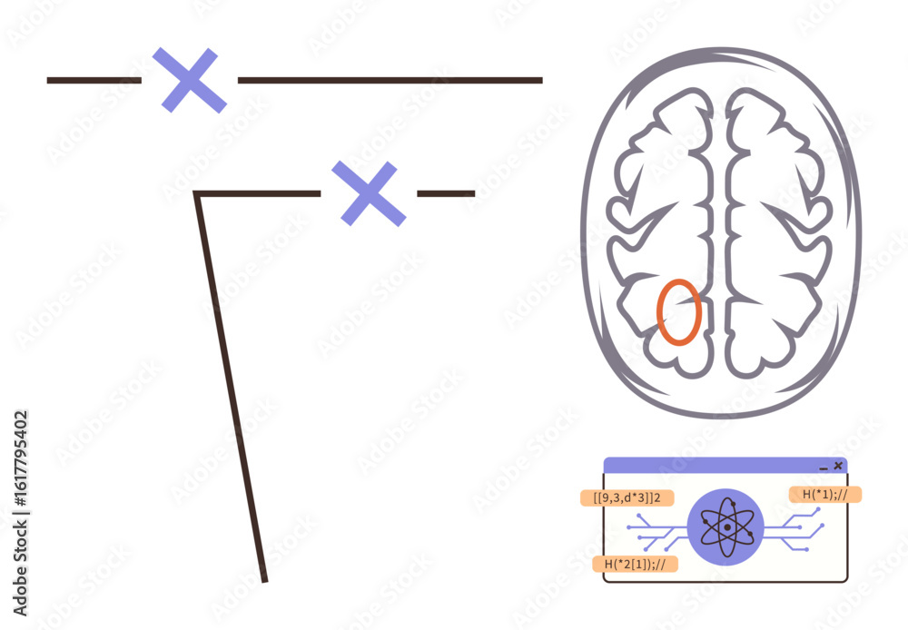 Poster abstract brain diagram with neurological pathways, marked areas, and data interface. ideal for neuro