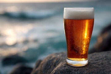 A glass of amber beer with a foamy head stands on a grey rock with an outoffocus beach backdrop