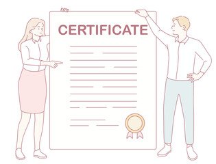 Two young professionals proudly showing a certificate symbolizing their career achievement and success
