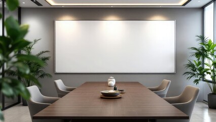 A conference room with a long wooden table chairs plants and a large white board on the wall