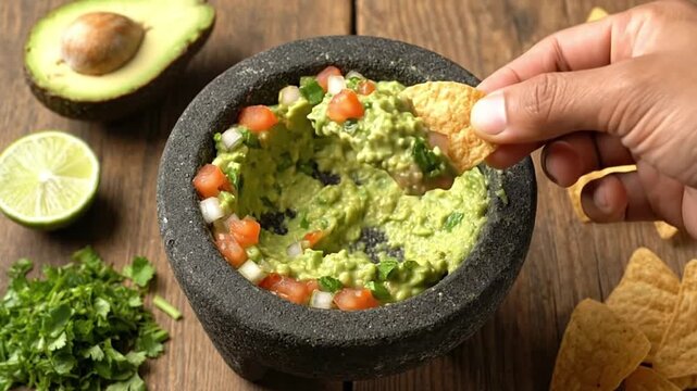 Guacamole fills a stone bowl garnished with tomatoes and onions with tortilla chips nearby A hand dips a chip into the dip