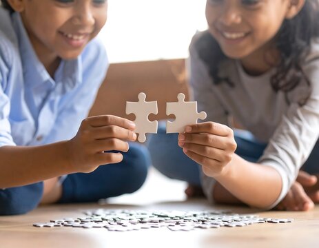 Smiling children's hands joining jigsaw puzzle pieces on the floor, representing collaboration, partnership, and problem-solving