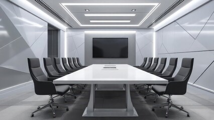 A modern conference room with a long white table and black chairs under bright ceiling lights