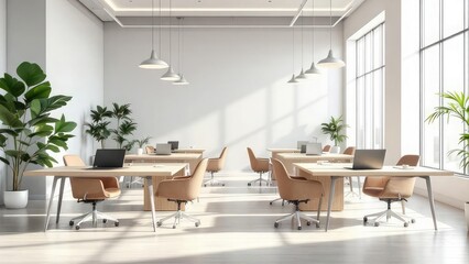 Bright office space with multiple desks chairs and plants in a modern and minimalist design