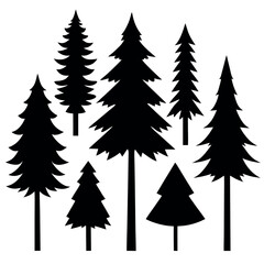 Obraz premium Collection of flat black pine tree silhouettes isolated on white background silhouette