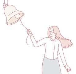 A joyful and cheerful woman enthusiastically ringing a bell, which symbolizes jubilant celebration and enthusiasm