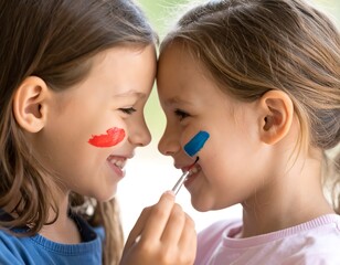 Two Girls with Painted Faces Sharing a Sweet Moment