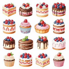 Watercolor Collection of Delicious Cakes and Cupcakes with Fresh Berries.