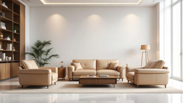 A living room featuring a tan sofa, armchair, coffee table, and a bookshelf with decorations