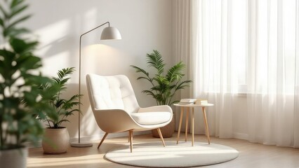 A bright and airy living room featuring a chair plants lamp and round rug near a window with curtains