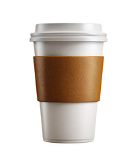 A white disposable coffee cup with a tan paper sleeve